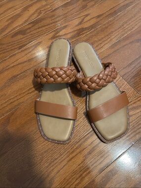 Sincerely Jules Braided Double-Strap Tan Slide Sandals